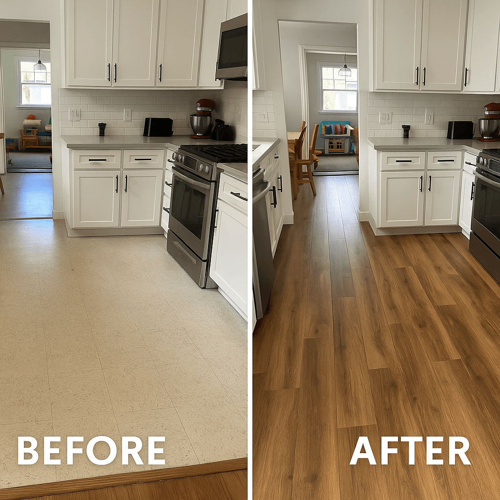 Before/after of LVP installation in a busy Glendale family kitchen