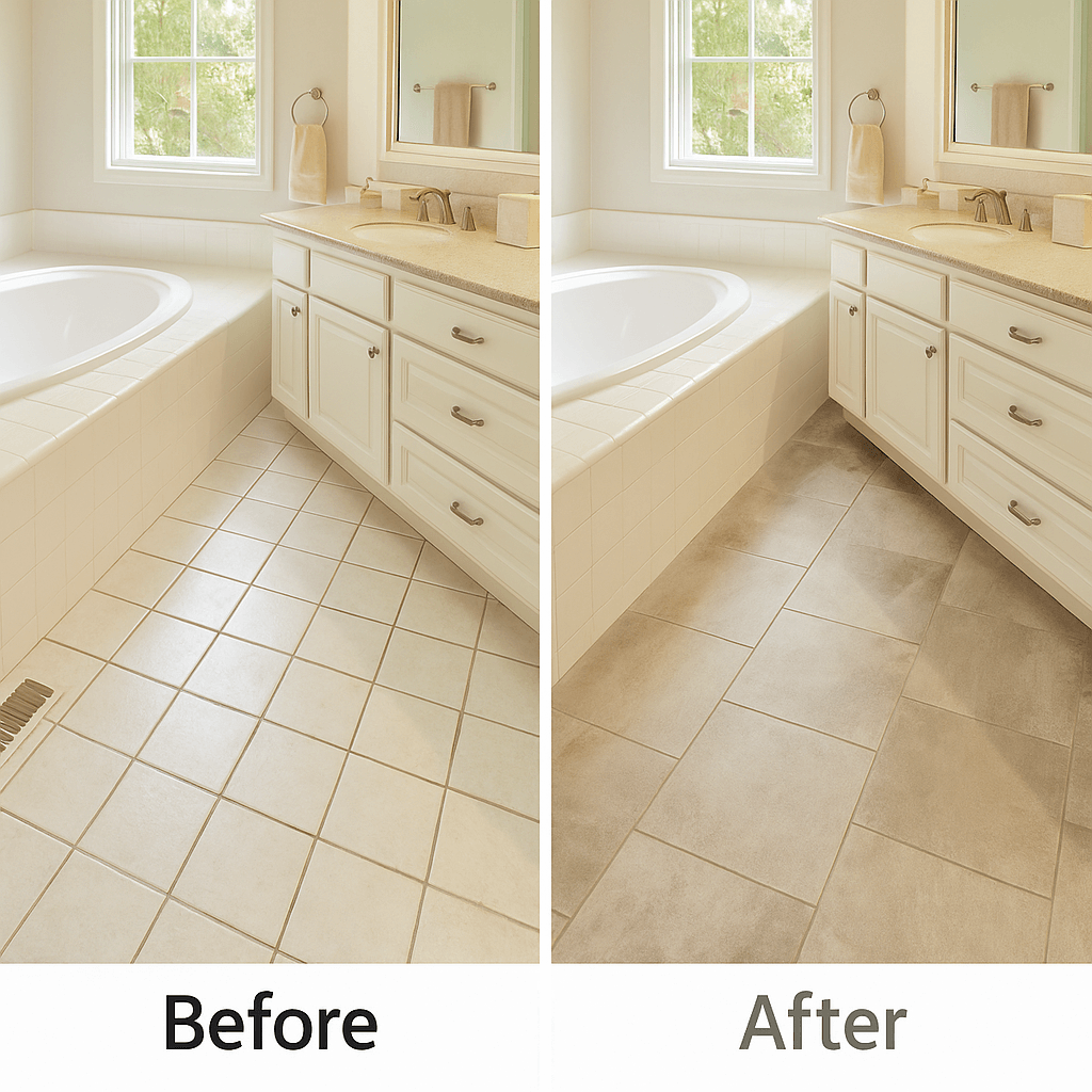 Before/after of LVT installation in a Beverly Hills master bathroom