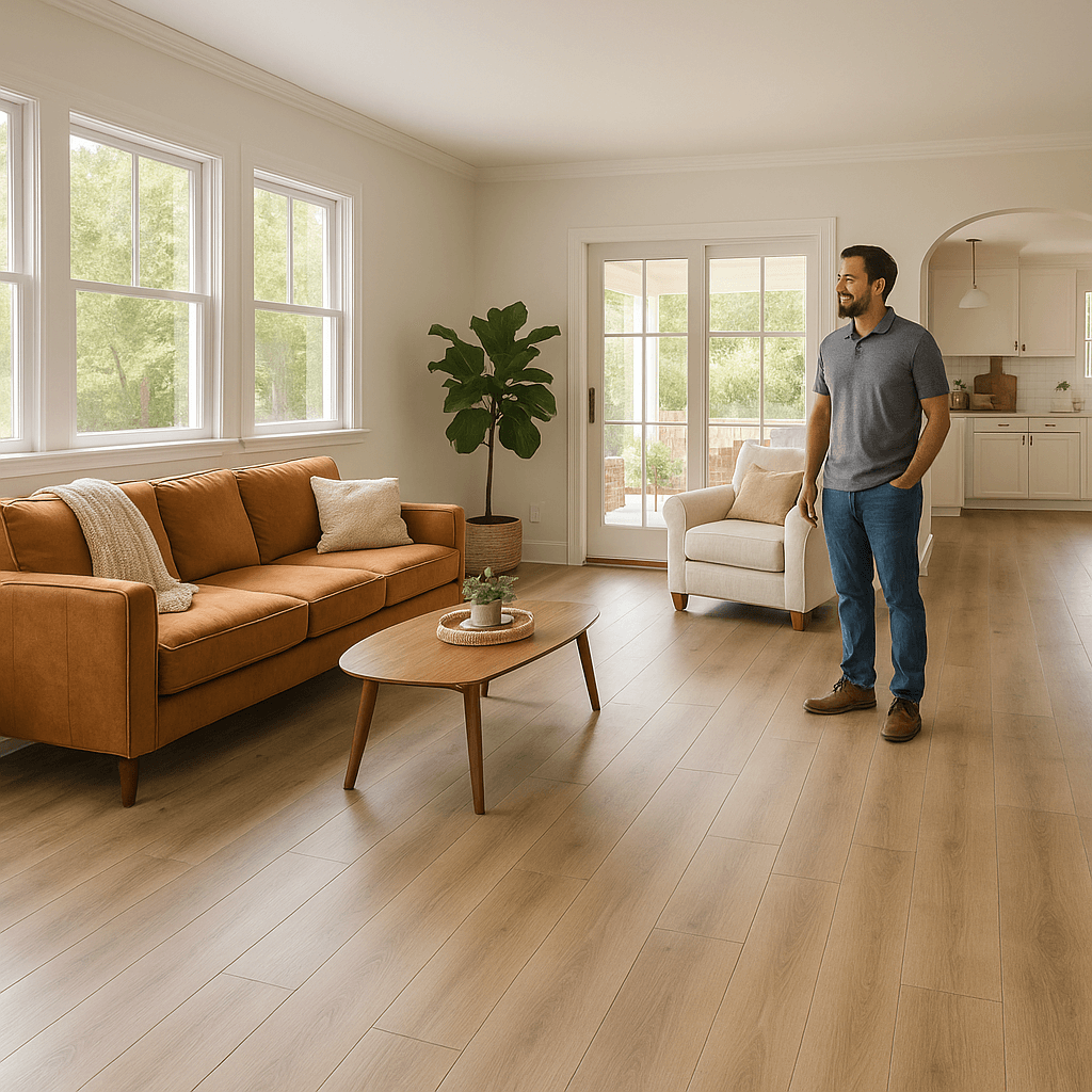 Wide-plank LVP installation in a bright Pasadena open-concept living area