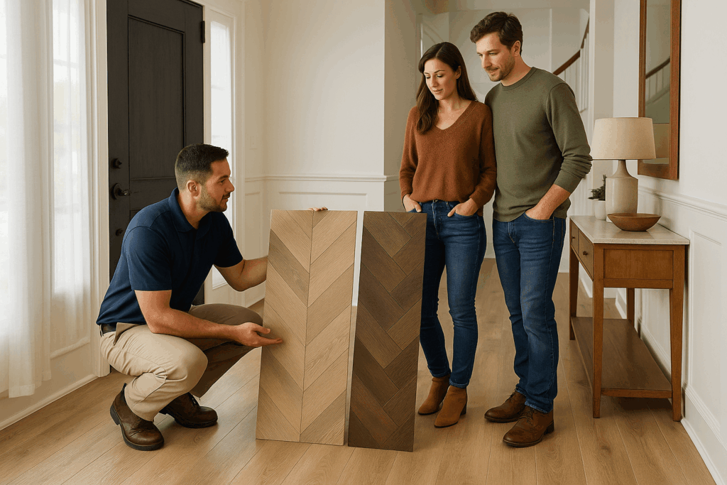 team showing wide-plank LVP samples in herringbone pattern in a Beverly Hills