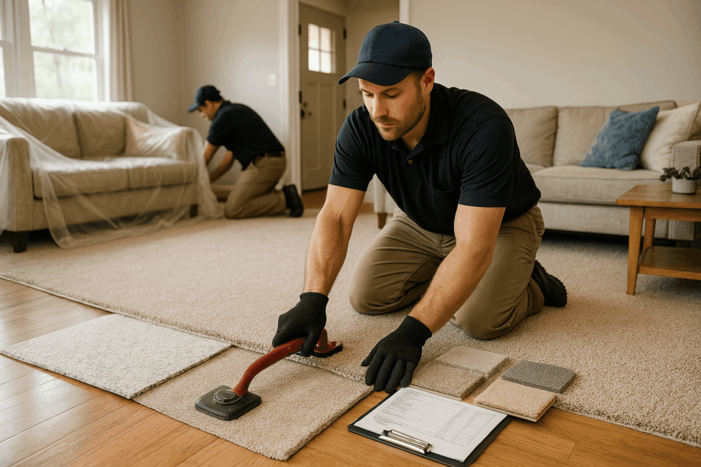 professional installation team working in a Pasadena living room showing careful furniture protection and methodical carpet laying process